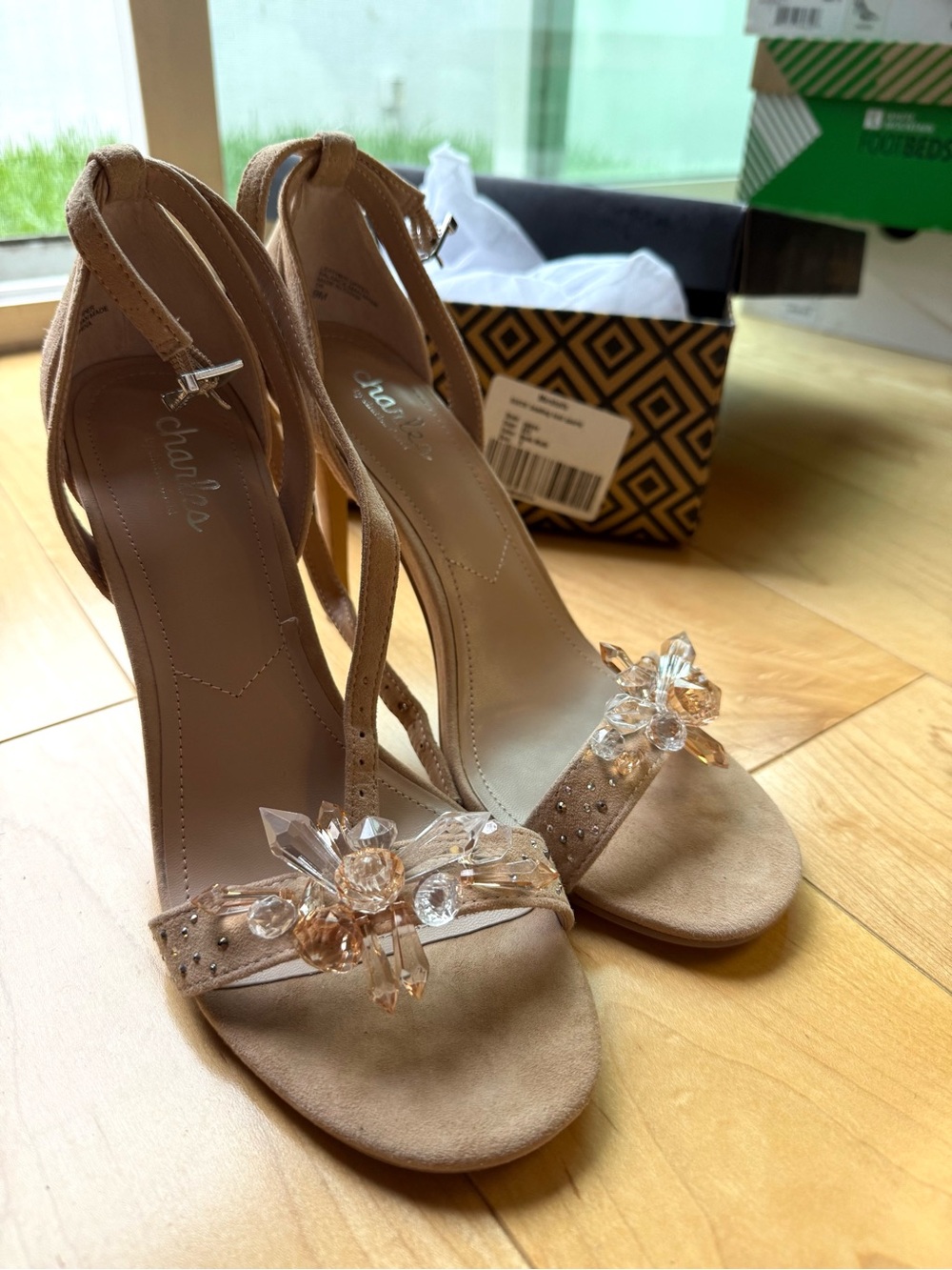 Charles By Charles David Nude Blush Crystal-Embellished Suede Heels Size 9